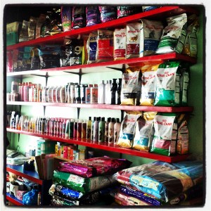 Dog food, shampoo and vitamins inside Pooch Park. These items are for sale. 